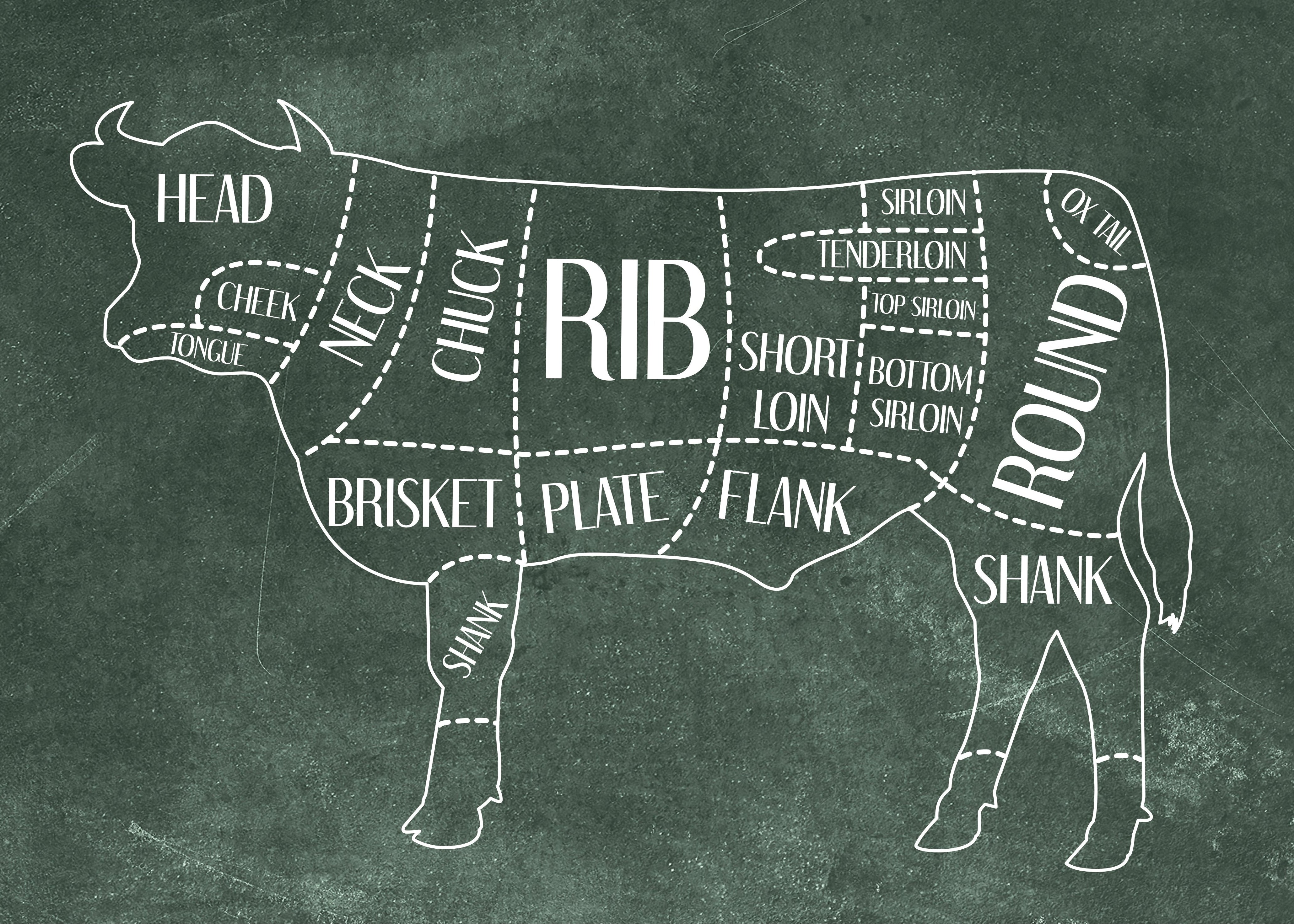 A chalkboard-style diagram titled 'BEEF CUTS' showing a side profile of a cow with labeled meat sections such as head, neck, rib, loin, flank, round, and shank on a dark green chalkboard background.